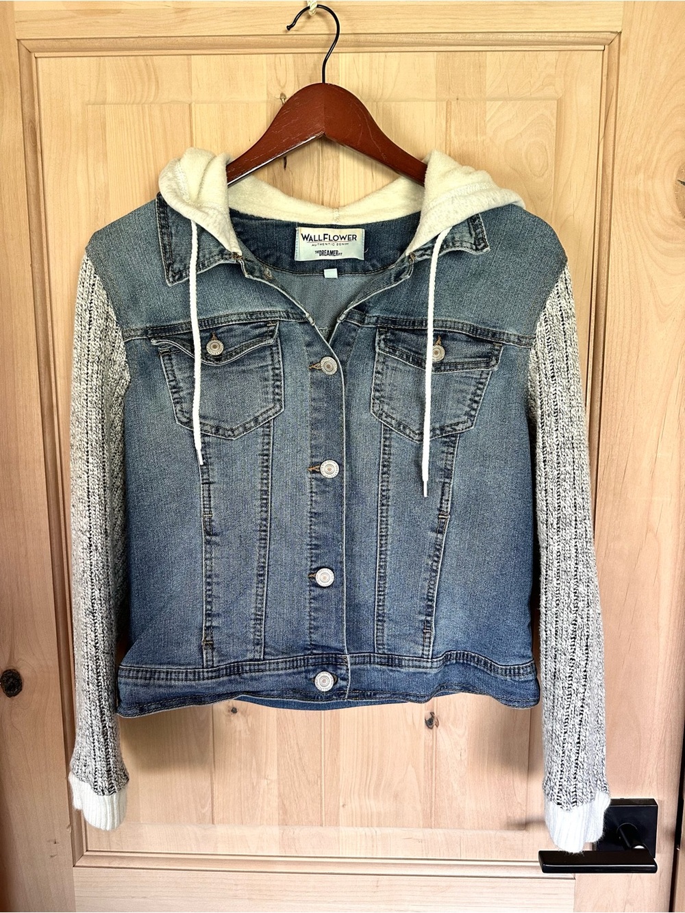 NWOT Wallflower Blue Denim Jacket with Cream Hood and Marled Gray Sleeves